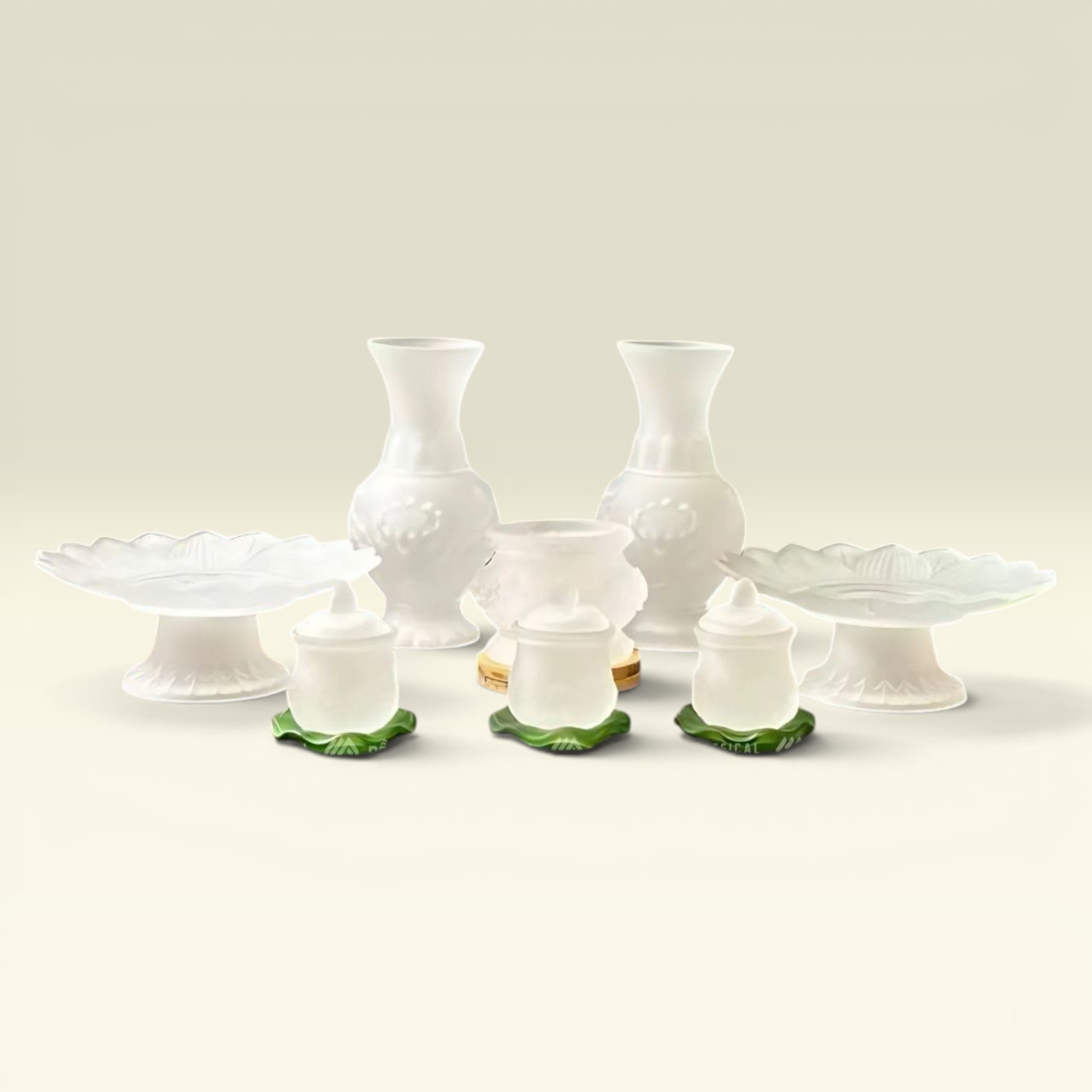 Bộ Thờ Cúng (Lư, Bình, Dĩa, Chum) Lưu Ly Hoa Sen Trắng