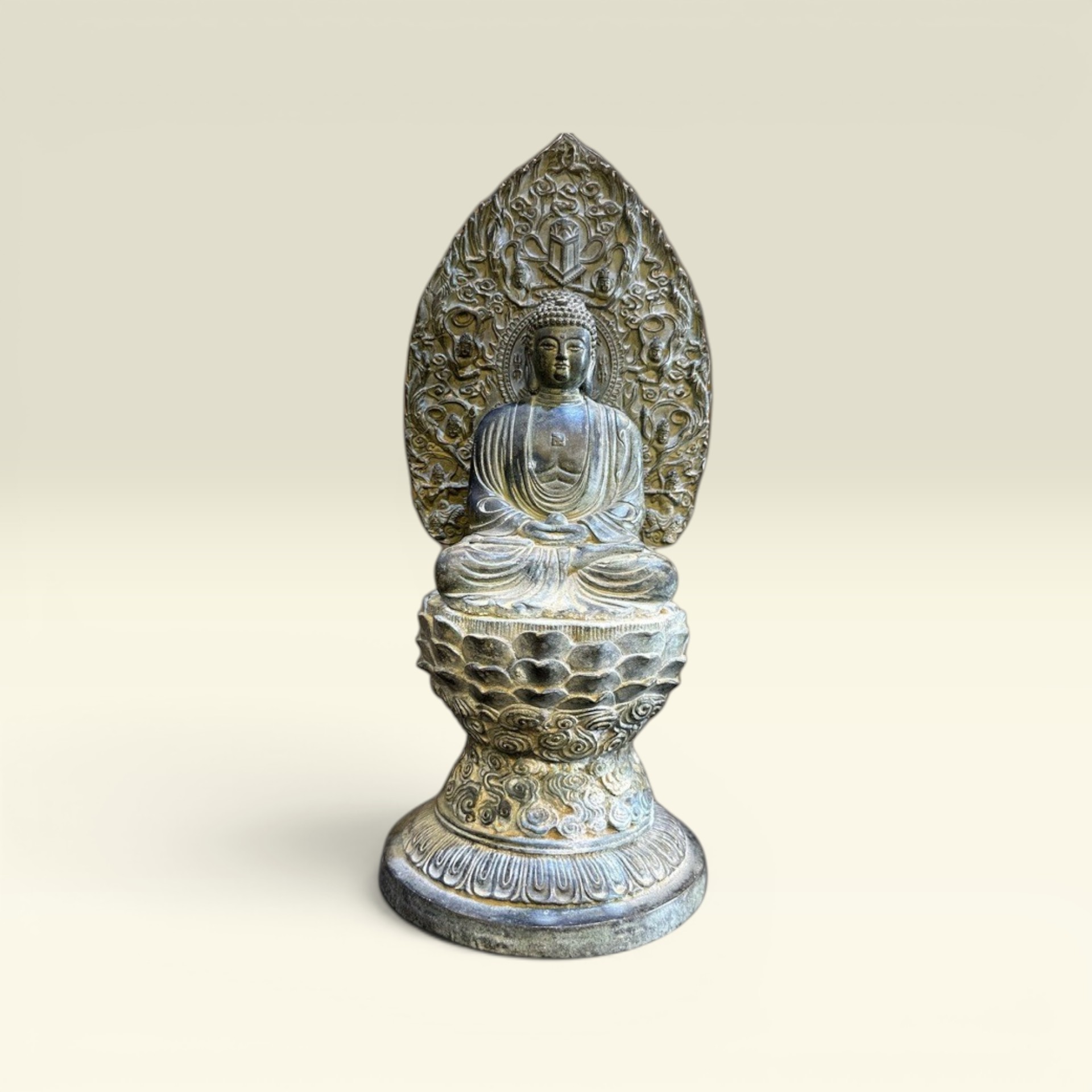 Tượng Phật A Di Đà Bằng Đồng Cao 37cm, Phật A Di Đà Tựa Lá Đề - Vạn Kim Đại Cát